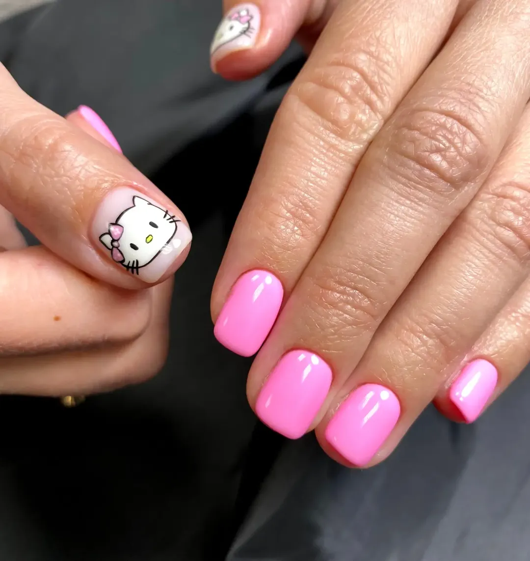 Bright Pink With Hello Kitty Accent Nails