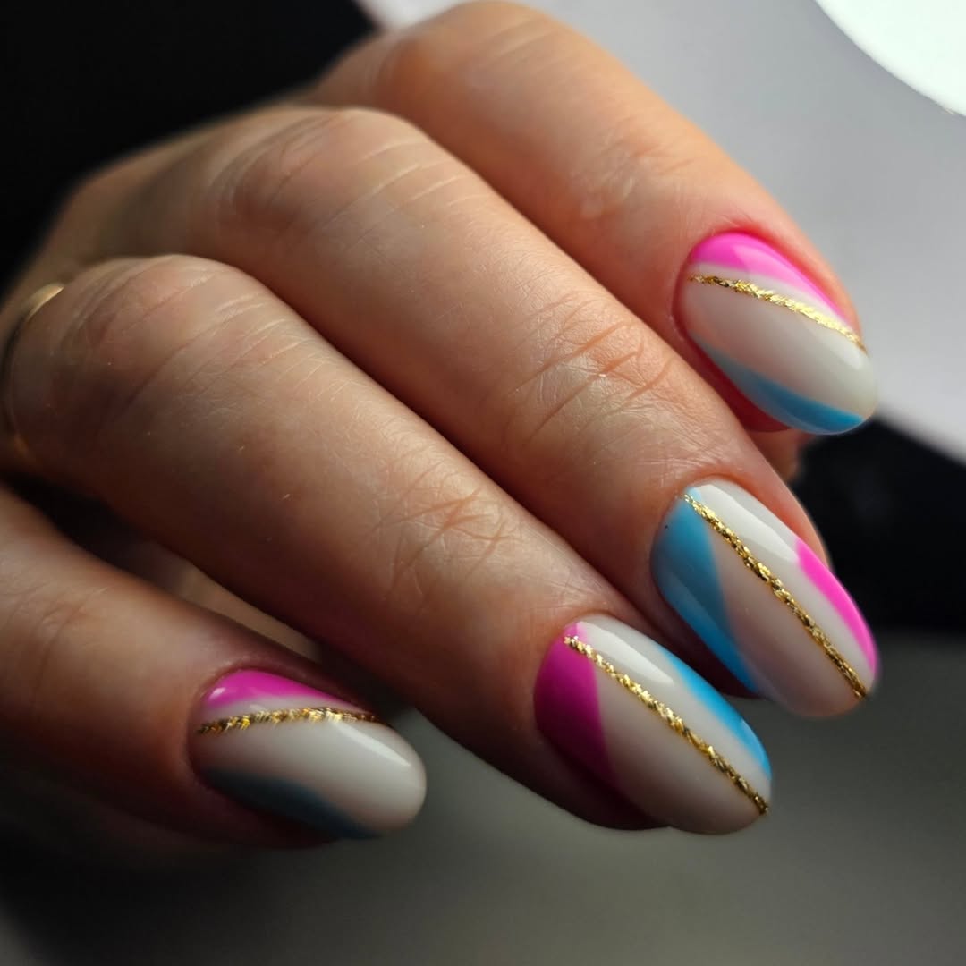 Bright Swirl Abstract Pink Blue Gold Oval Nails