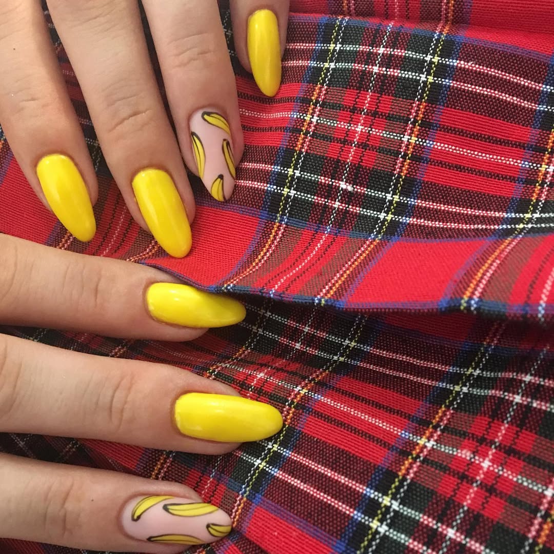 Bright Yellow Banana Art Almond Nails