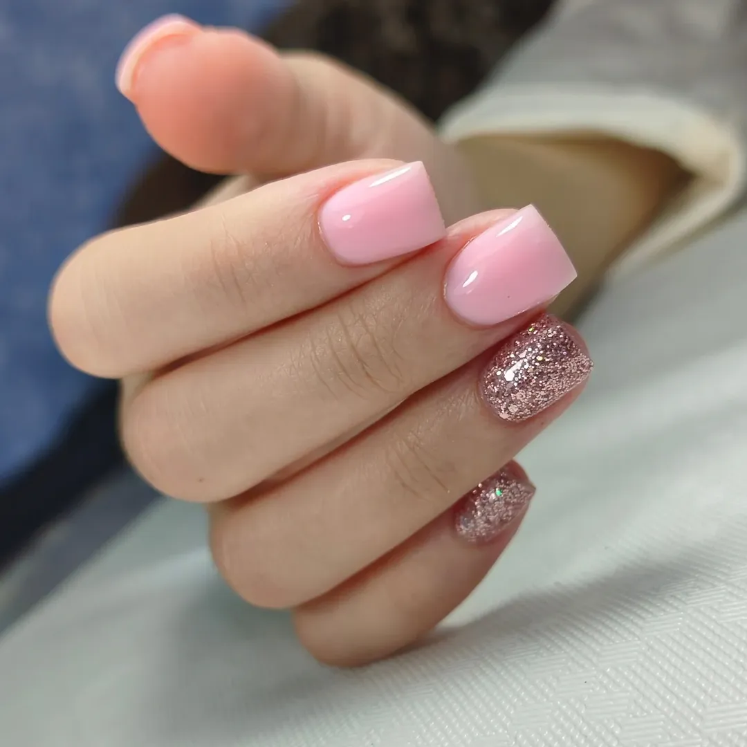 Bubblegum Pink Glitter Accent Short Square Nails