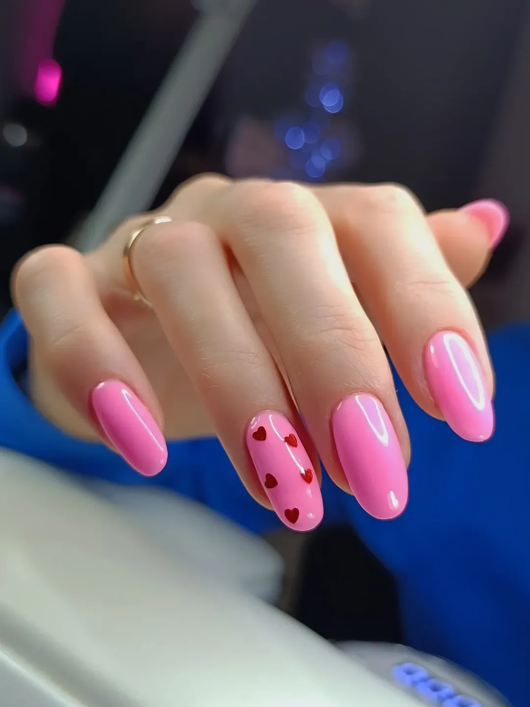 Bubblegum Pink Glossy Nails With Tiny Red Hearts