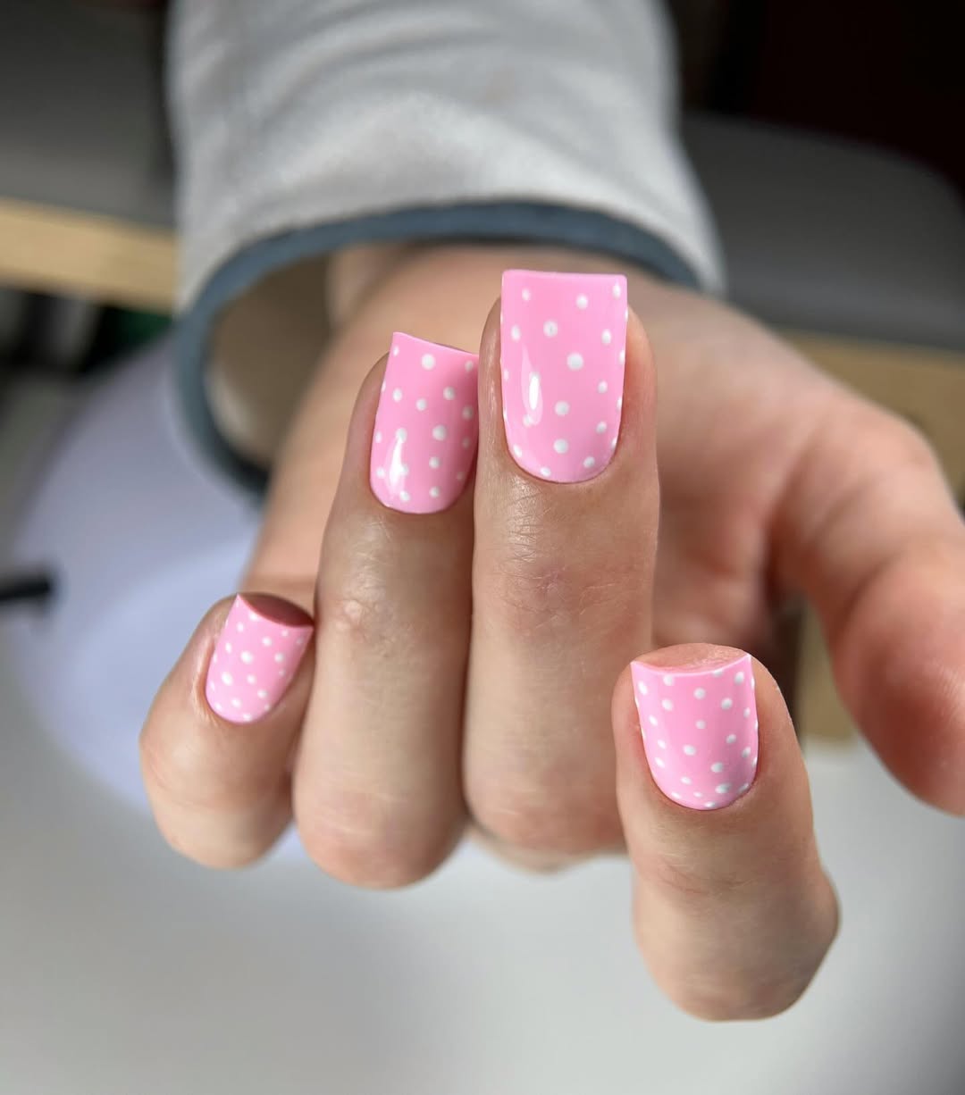 Bubblegum Pink Glossy Polka Dot Squoval Nails