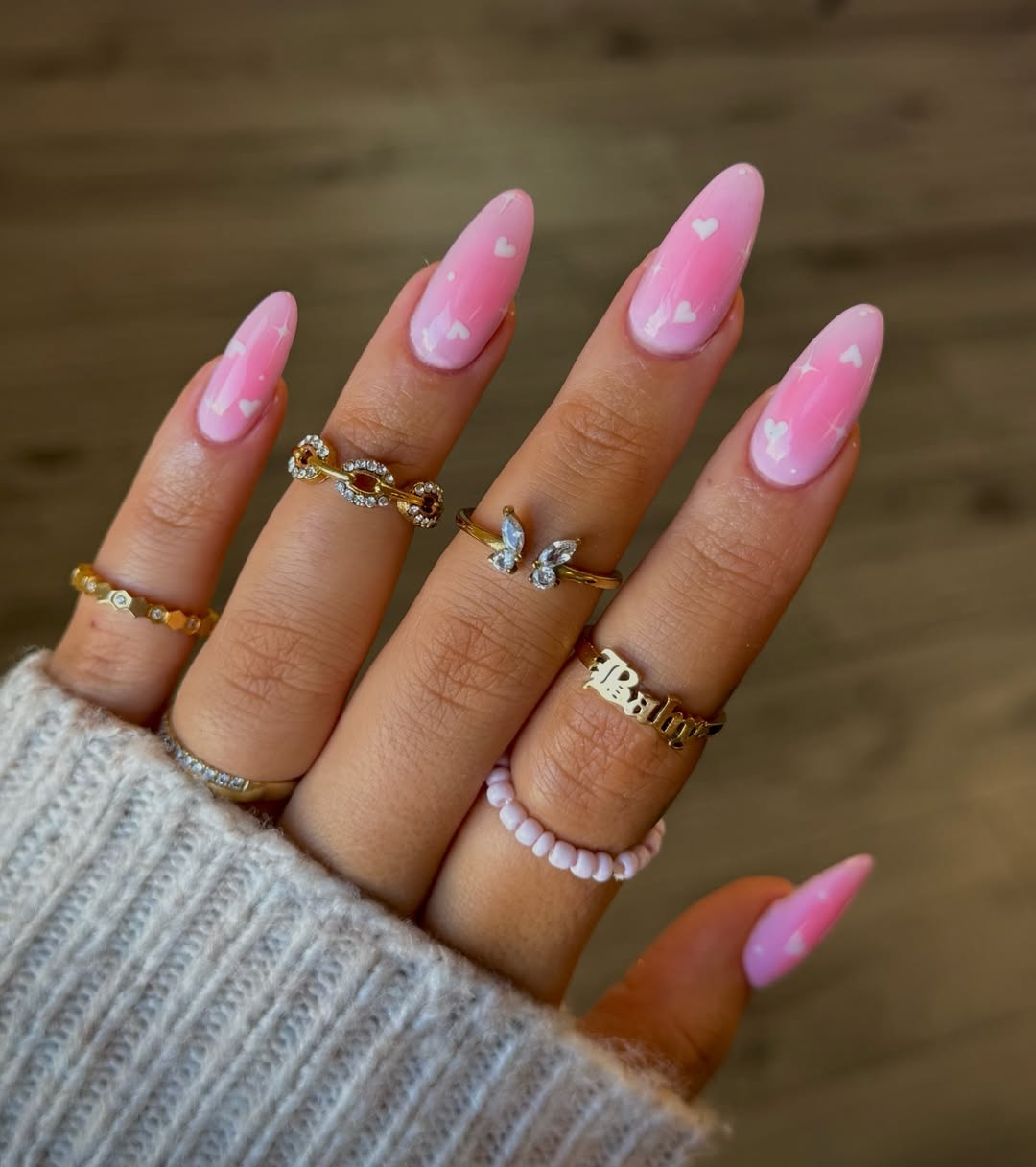 Bubblegum Pink Gradient White Hearts Almond Nails