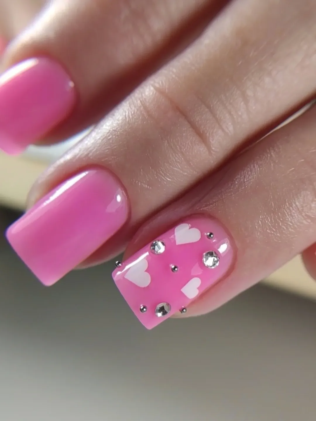 Bubblegum Pink Squares with White Hearts and Rhinestones