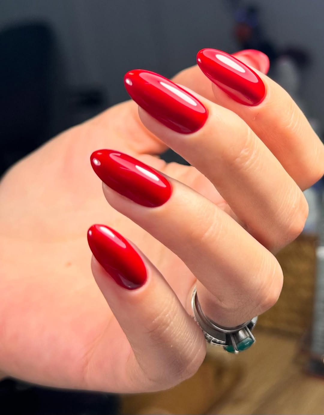 Classic Cherry Red Glassy Oval Nails