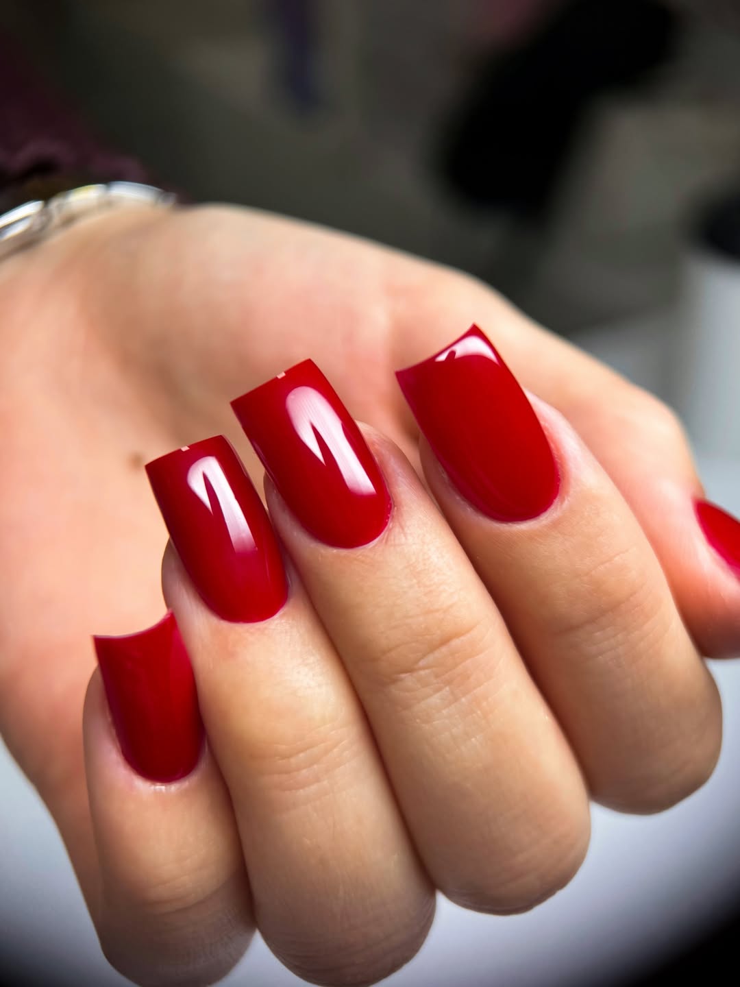 Classic Cherry Red Glossy Long Square Nails