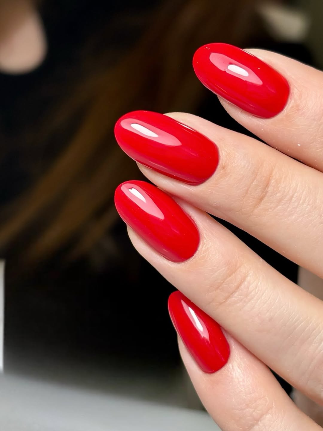 Classic Cherry Red Glossy Oval Nails