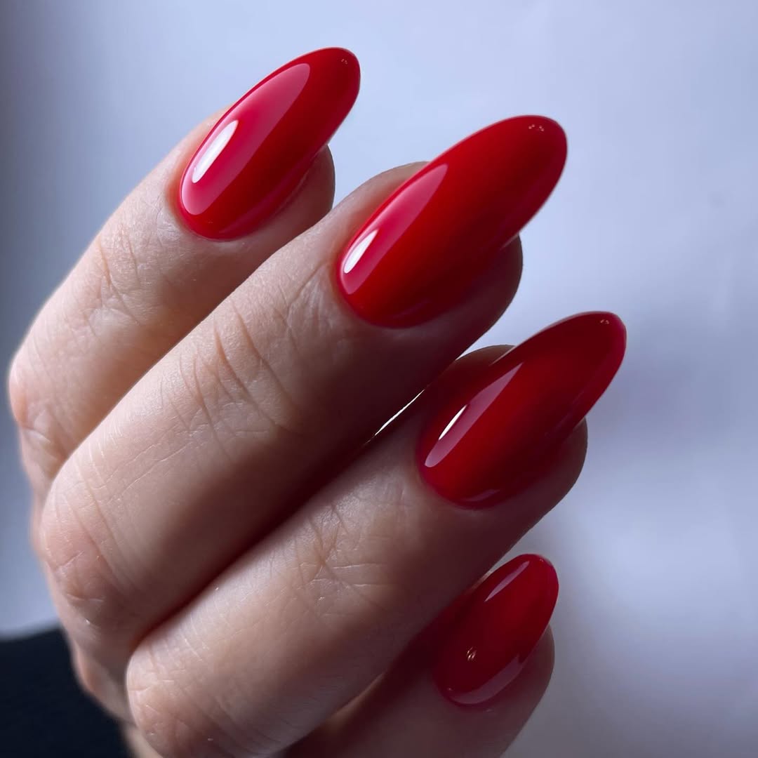 Classic Cherry Red Glossy Oval Nails