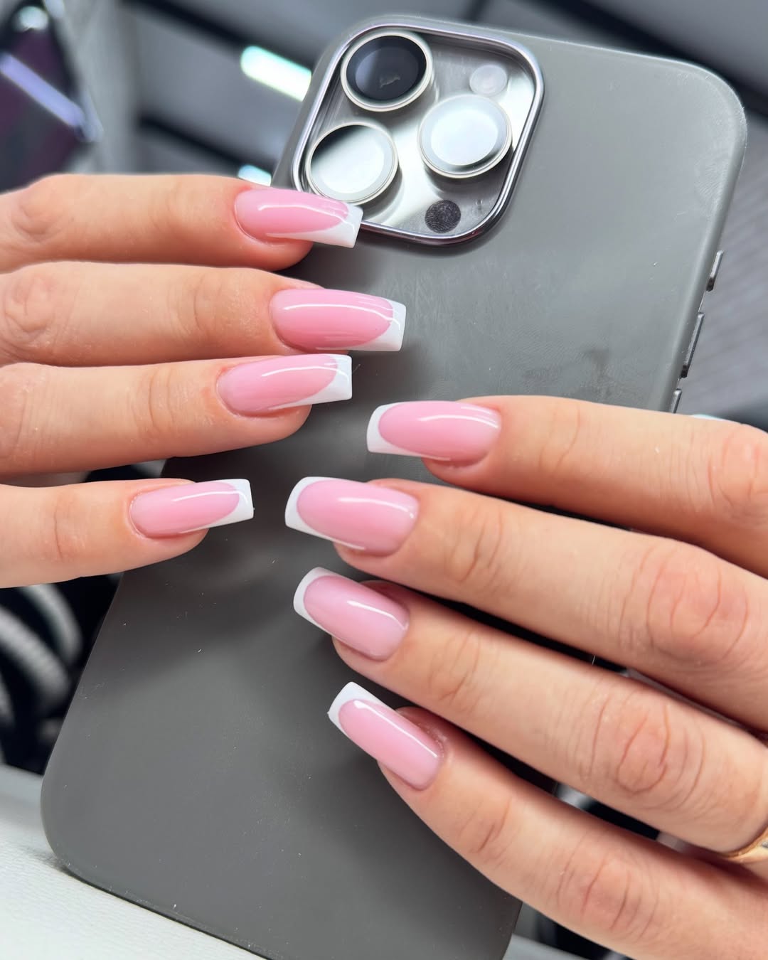 Classic Milky Pink Square French Tips with Glossy Finish