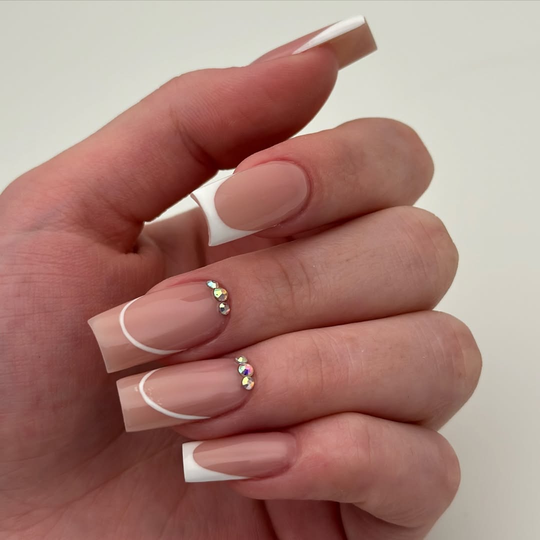 Classic Nude French With Crystal Accent Square Nails
