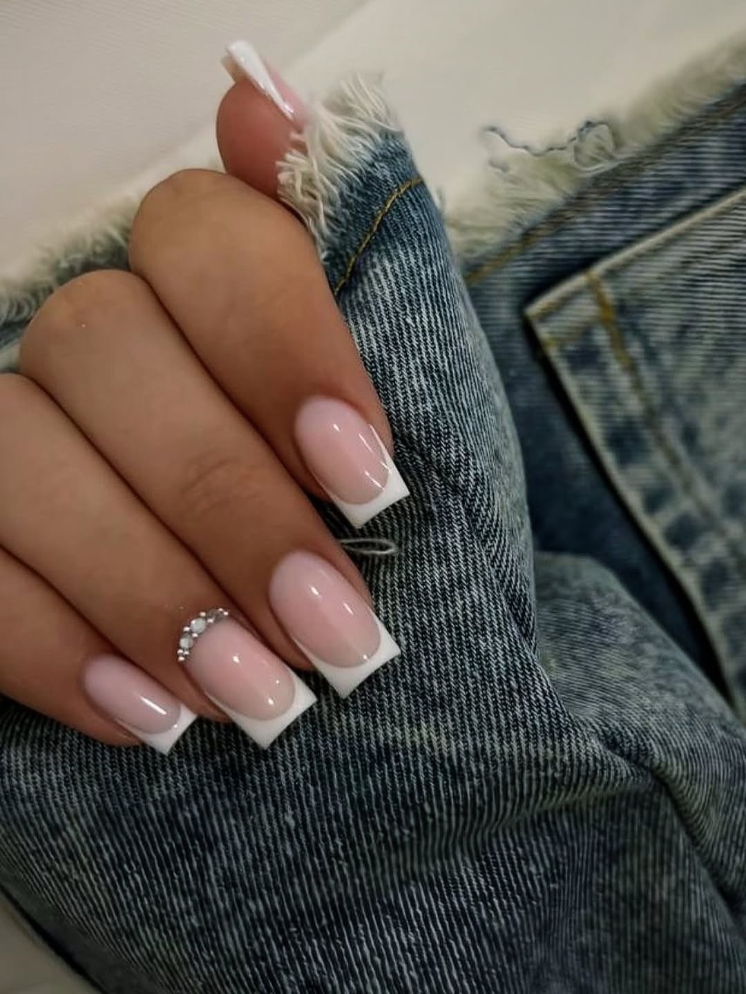 Classic White French Tip Squoval with Rhinestone Accent