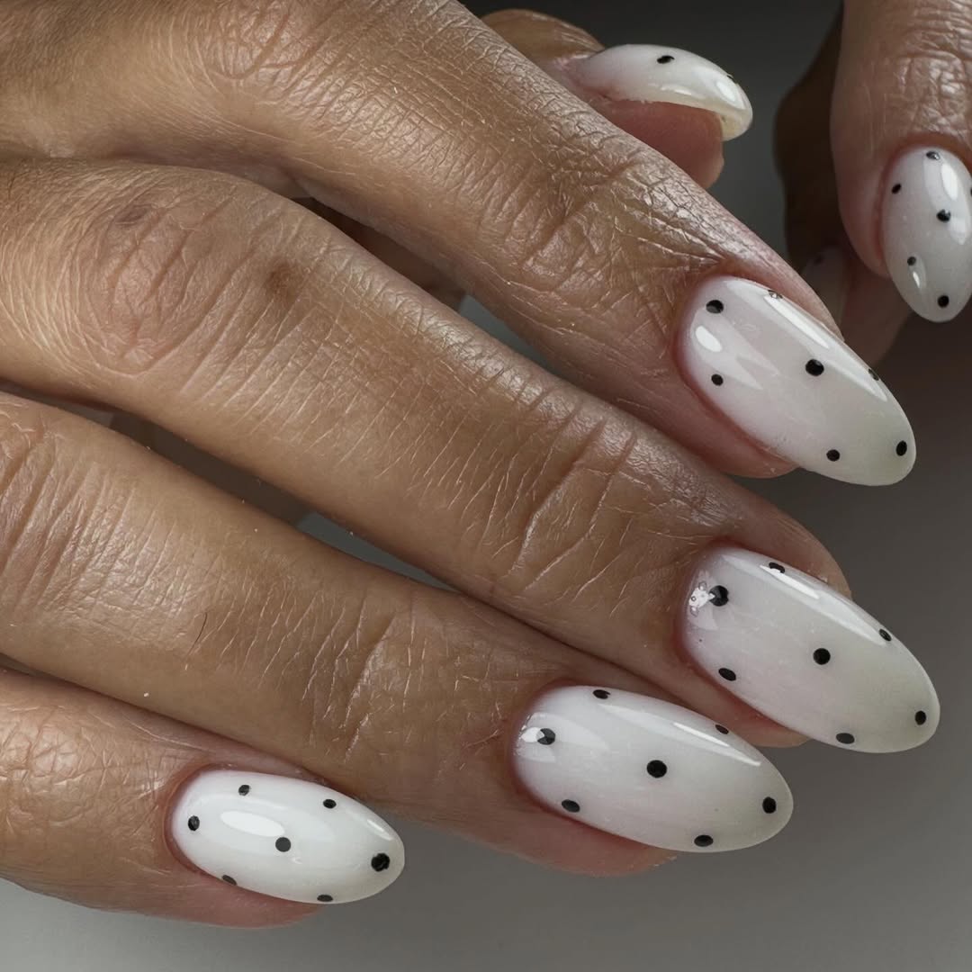 Clean White Polka Dot Glossy Oval Nails