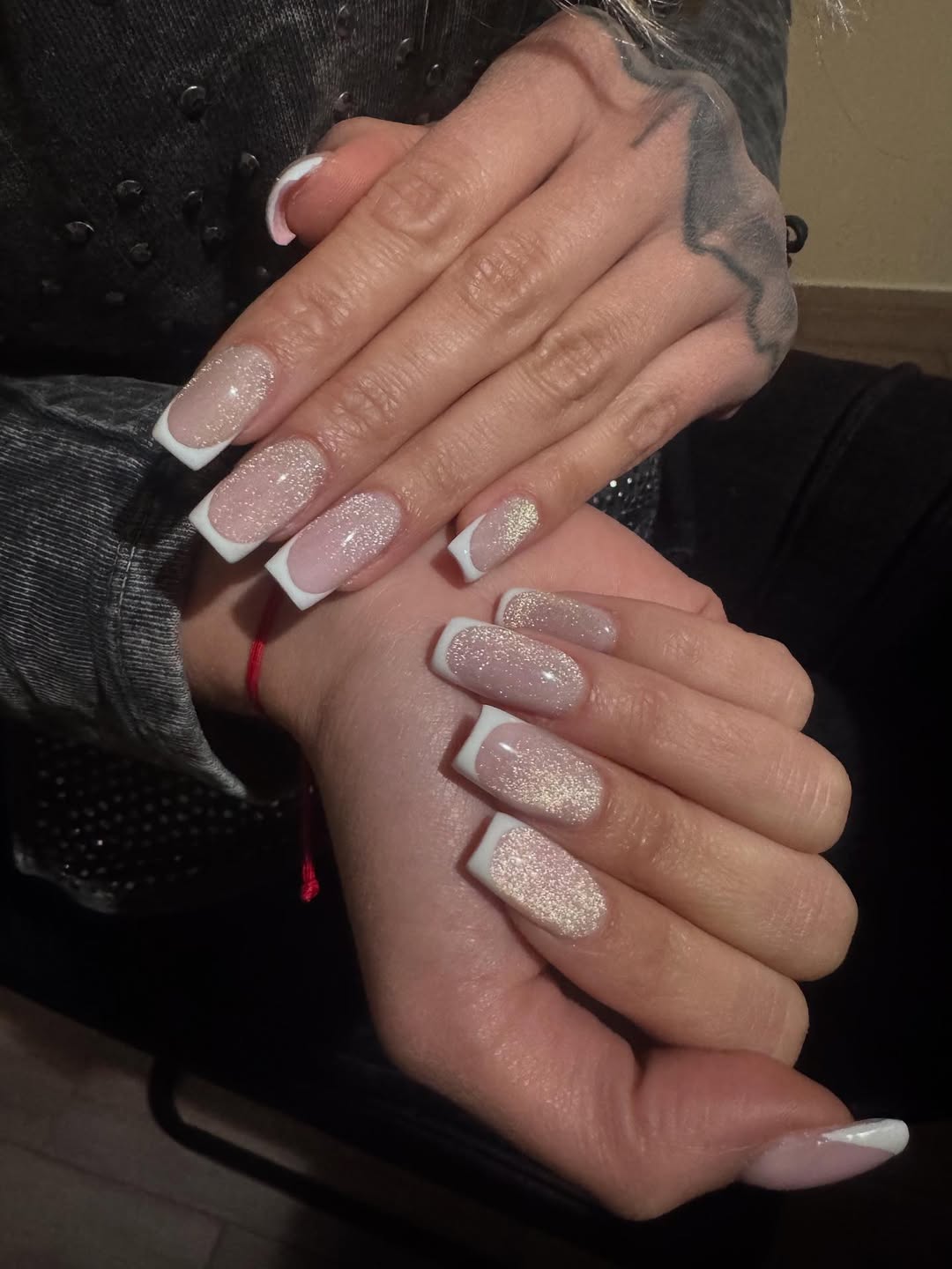 Clear Glitter Square French Tip Nails