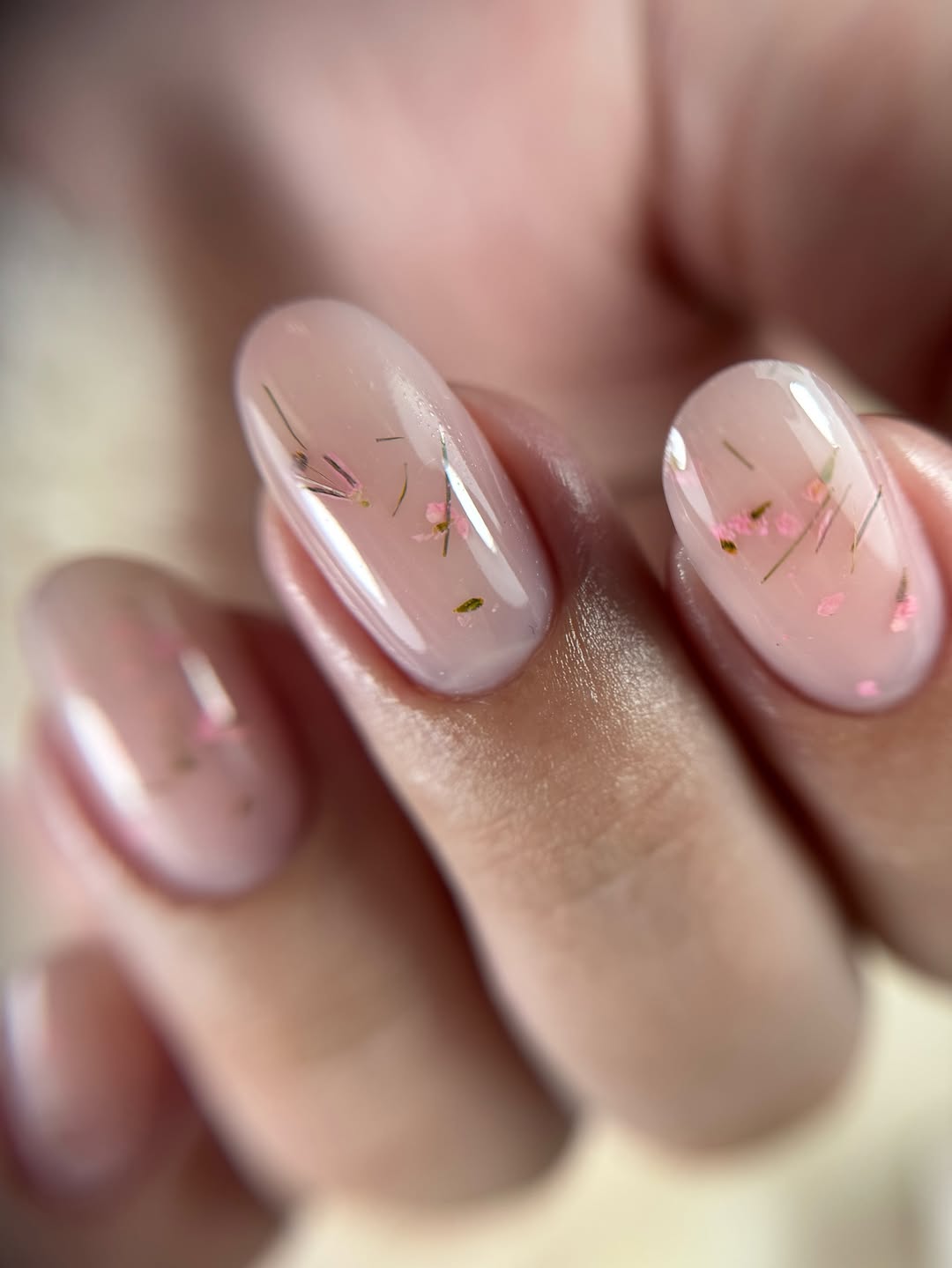 Clear Pink Encapsulated Floral Almond Glossy Nails