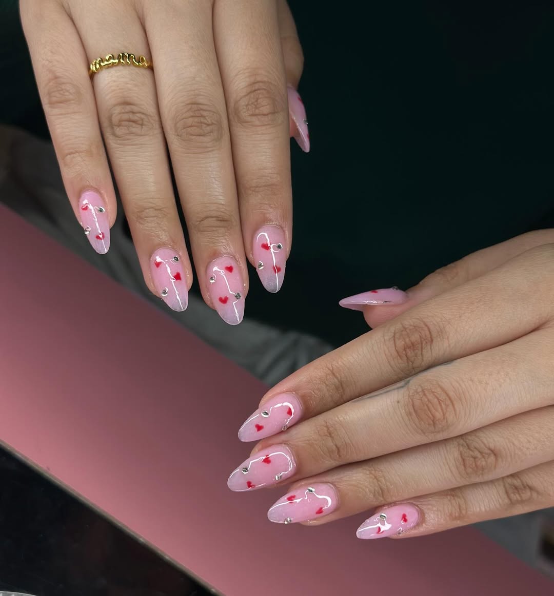 Clear Pink Heart Rhinestone Stiletto Nails