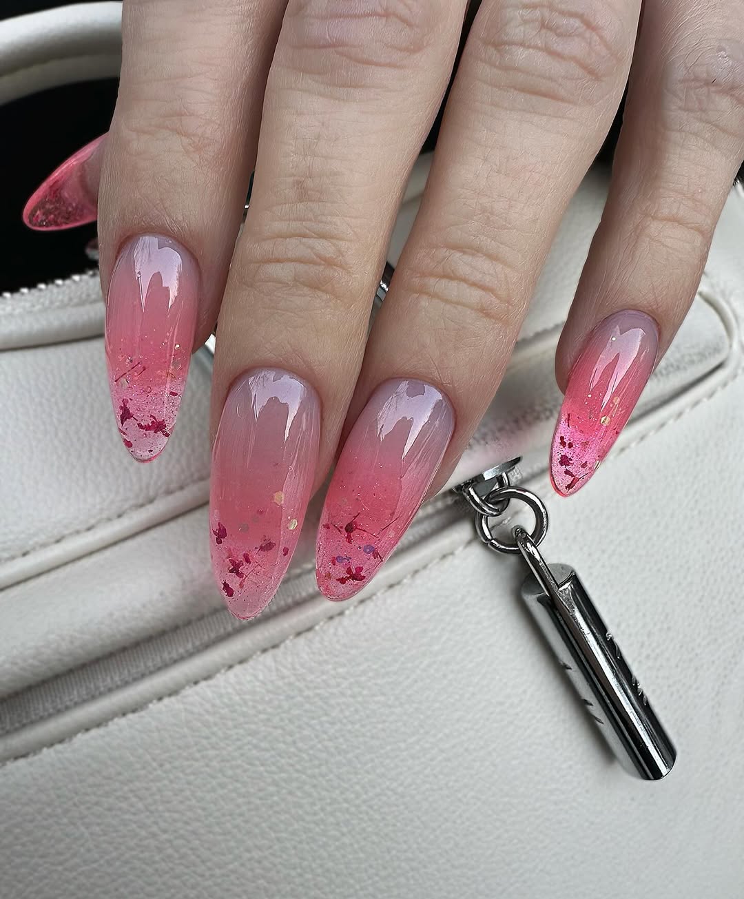 Clear Pink Ombre Almond Nails With Holographic Glitter