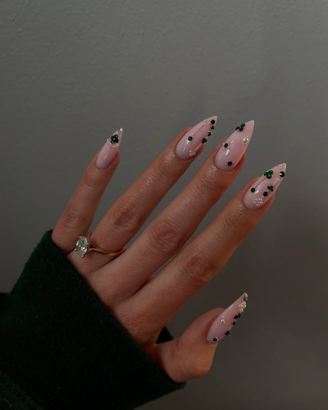 Clear Pink Stiletto Emerald Jewel Rhinestone Nails