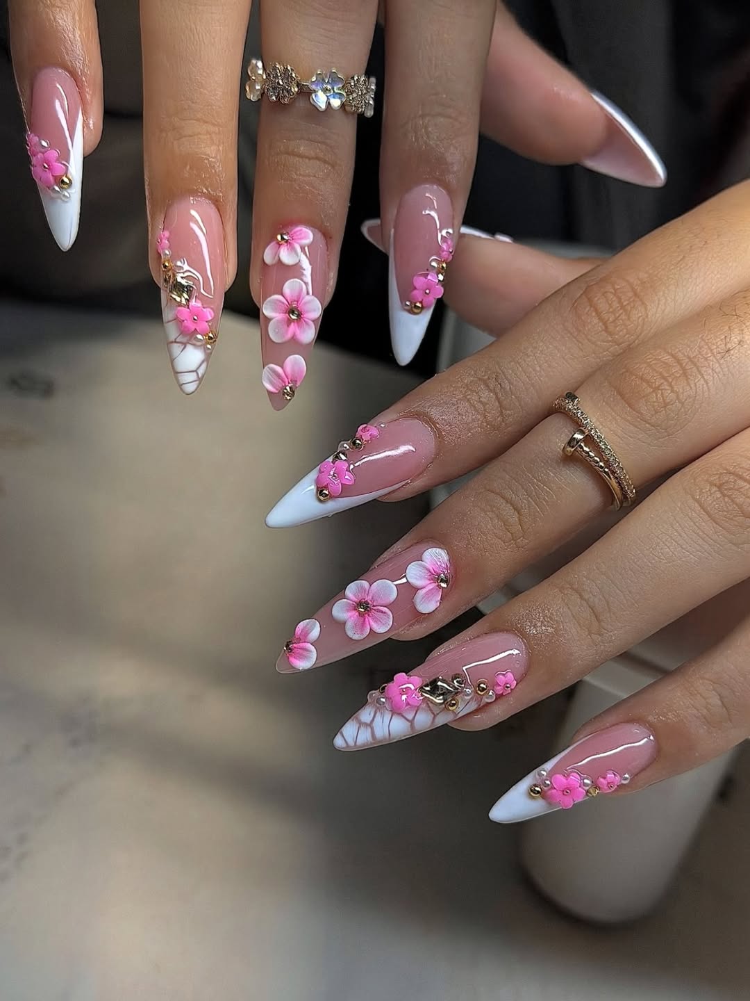 Clear Pink Stiletto French Tips with 3D Pink Flowers