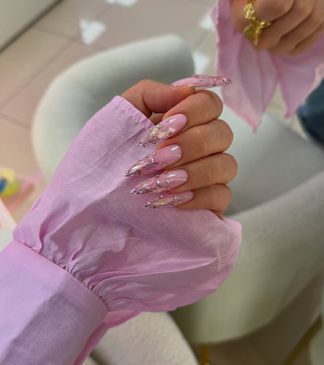 Clear Pink Stiletto Glitter Rhinestone Nails