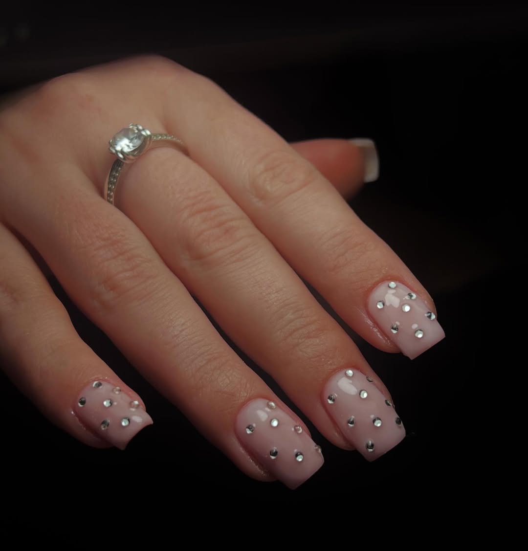 Clear Rhinestone Dotted Glossy Blush Square Nails
