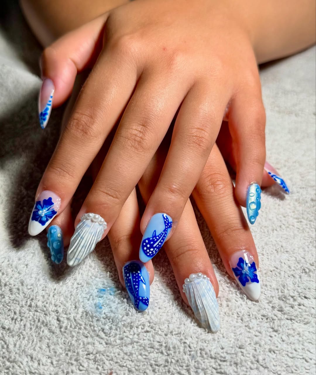 Coastal Blue 3D Pearl Seashell Ocean Nails