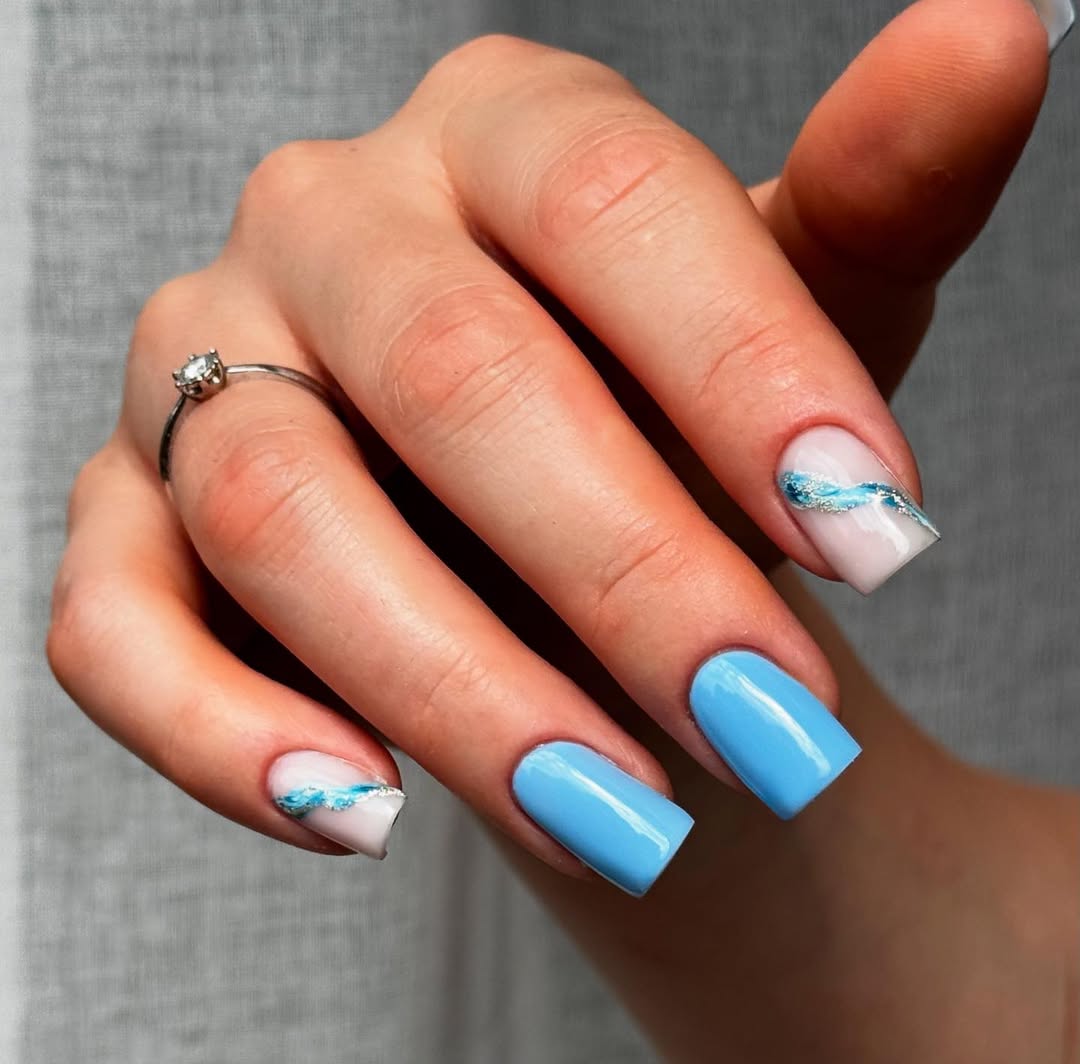 Coastal Blue Swirl Square Nails