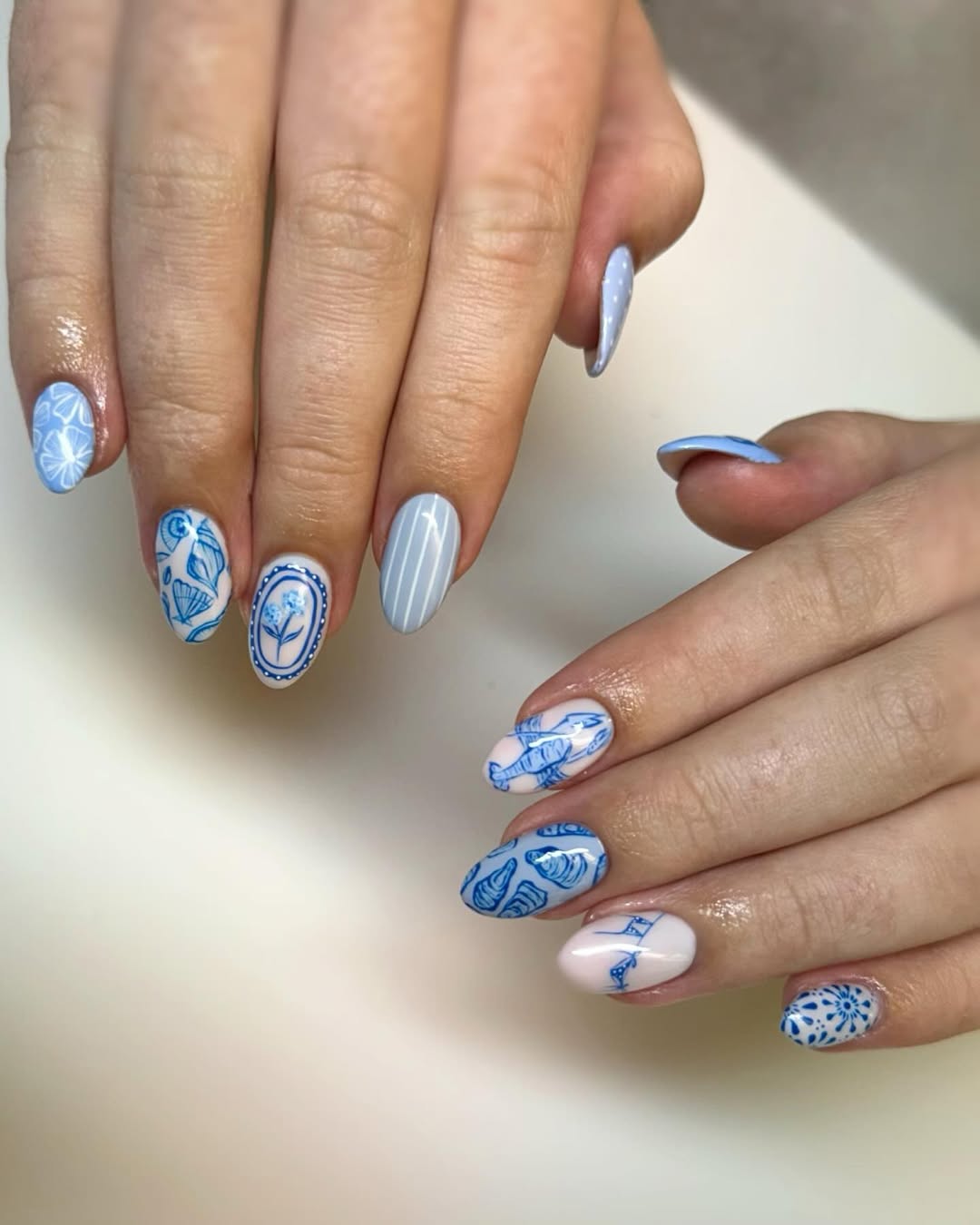 Coastal Blue & White Hand-Painted Vacation Nails