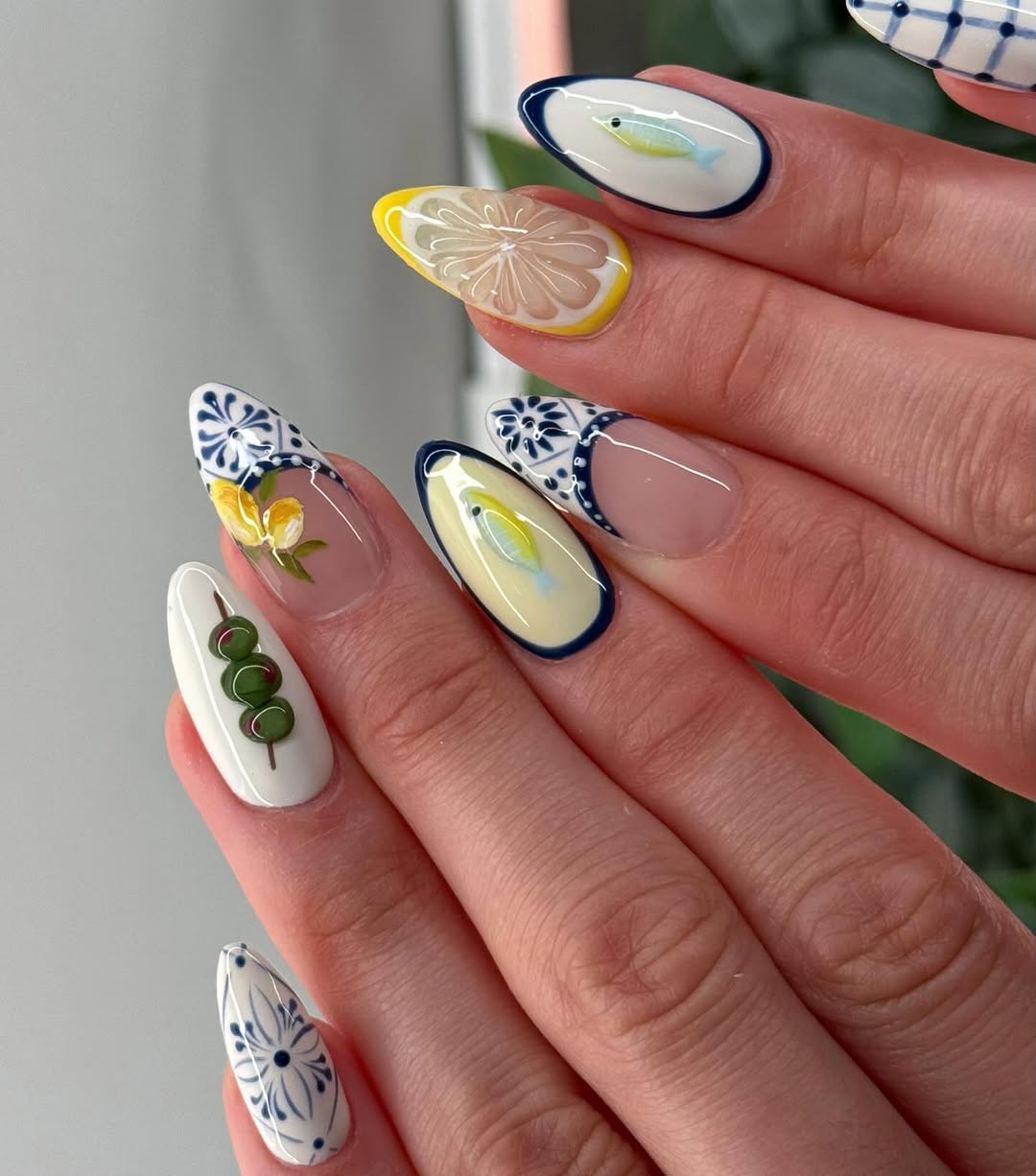 Coastal Mediterranean Inspired Almond Nail Art