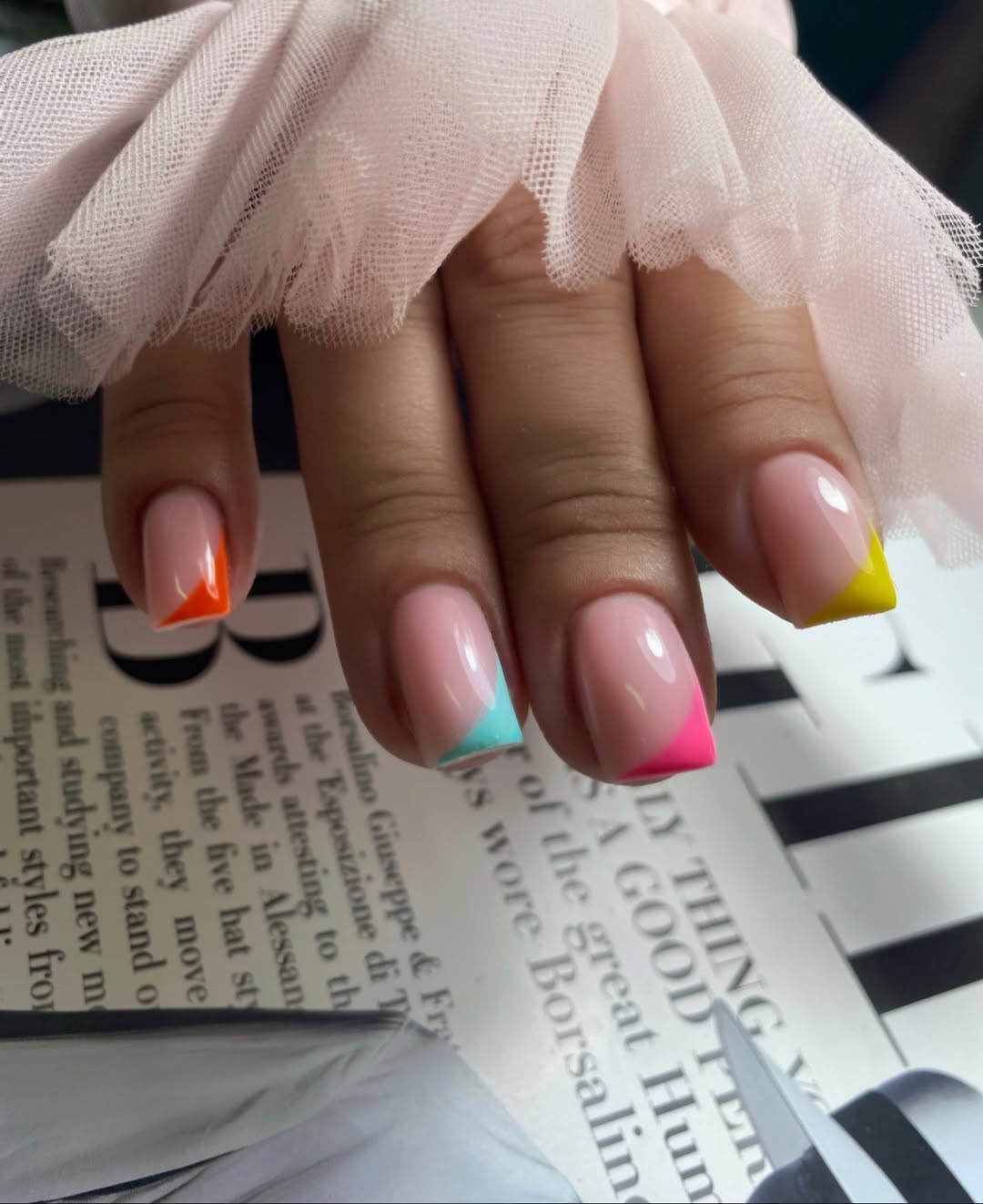 Colorful Angled French Tips with Milky Base