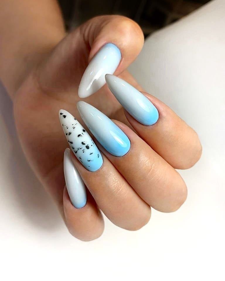Cool Blue And White Speckled Ombre Stiletto Nails