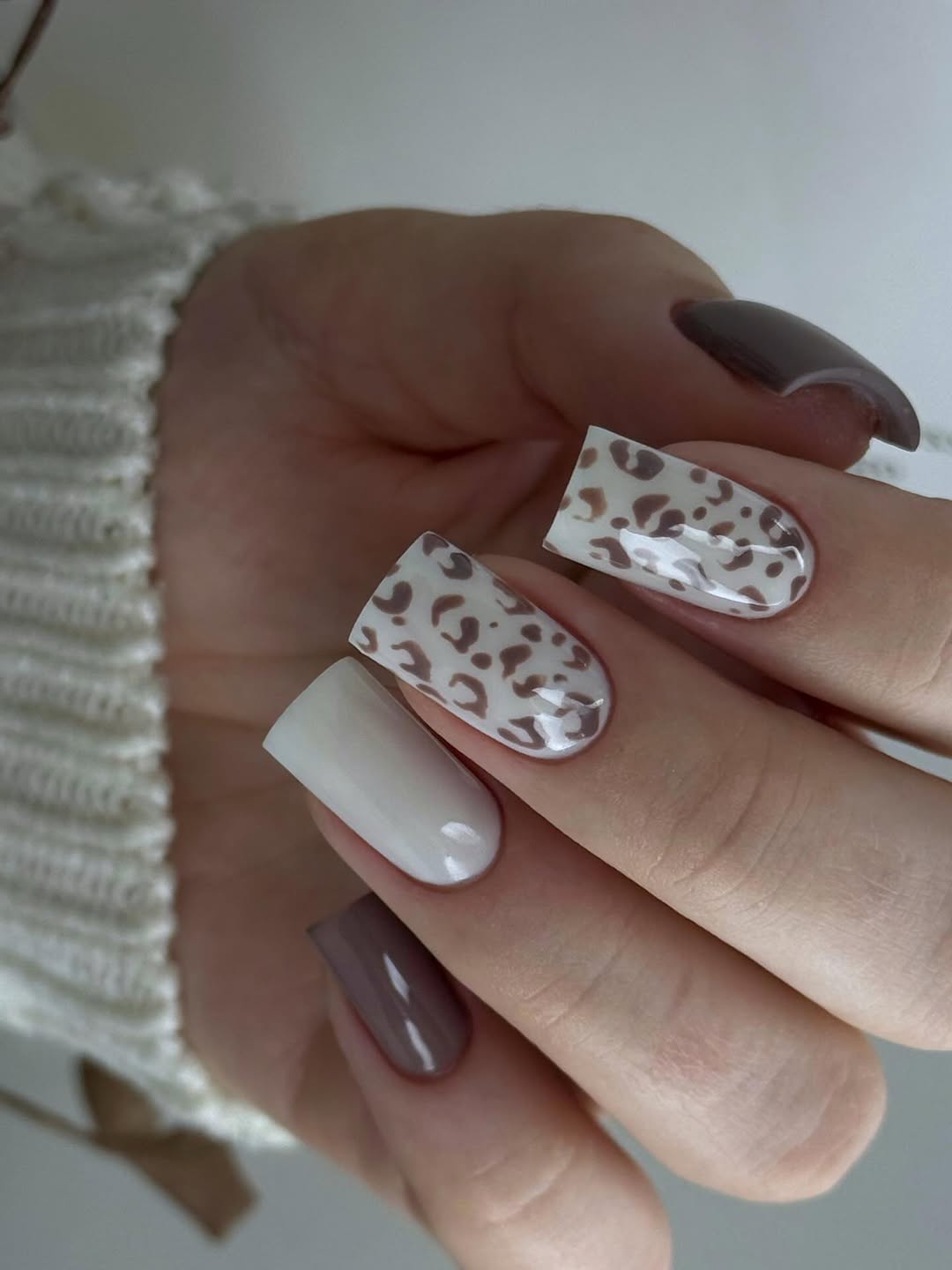 Cool Tone French Latte Leopard Coffin Nails