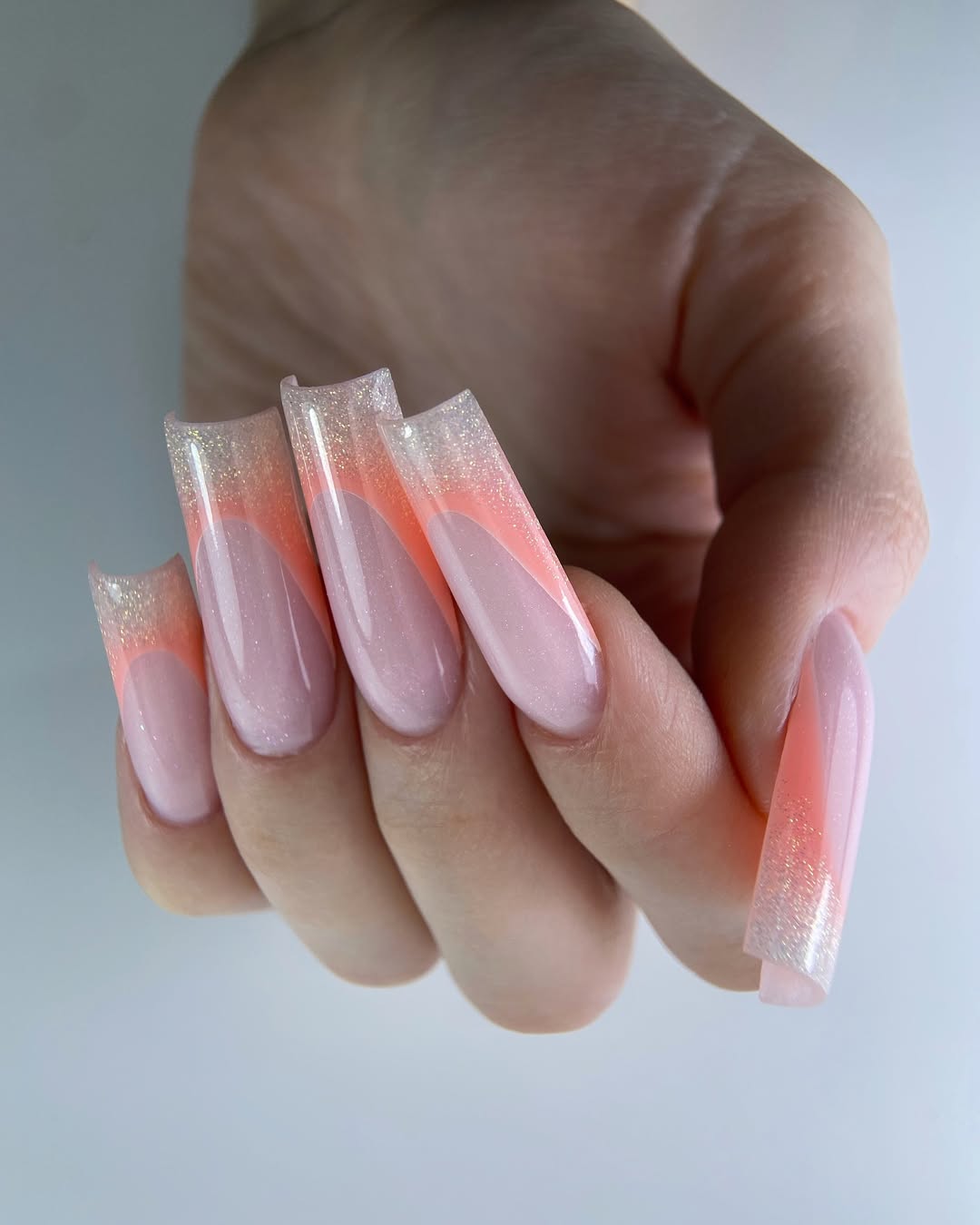 Coral Ombre Glitter Coffin French Nails