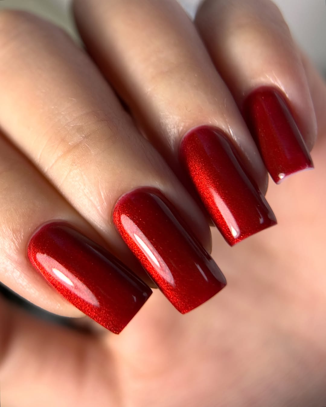 Crimson Red Shimmer Long Square Nails
