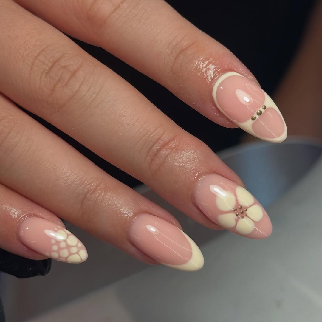 Cute Floral French Pearl Accent Almond Nails