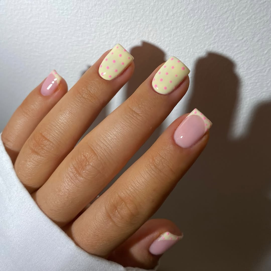 Cute Lemon Pink Polka Dot Square French Tips