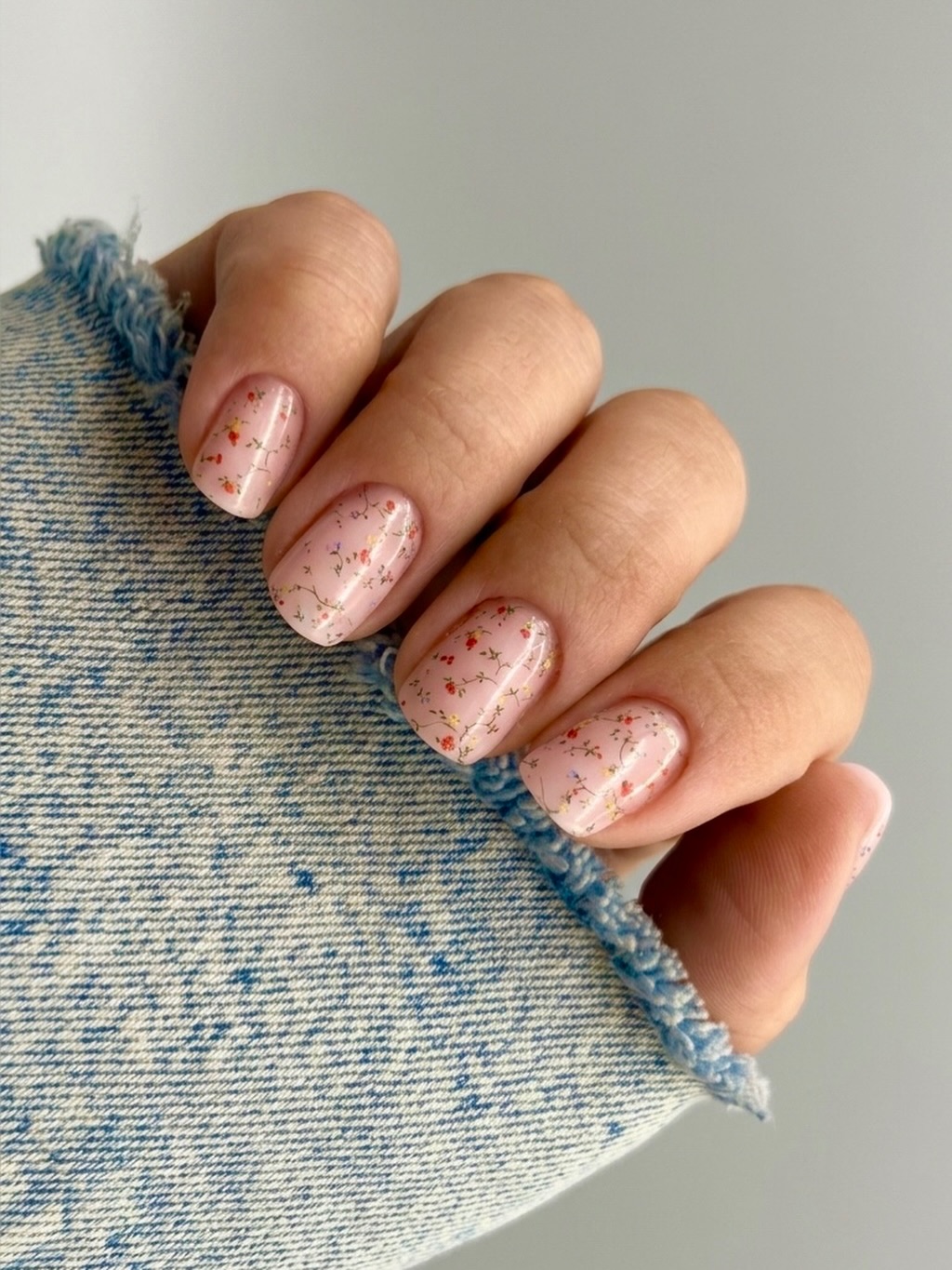 Dainty Floral Sprig Jelly Pink Short Round Nails
