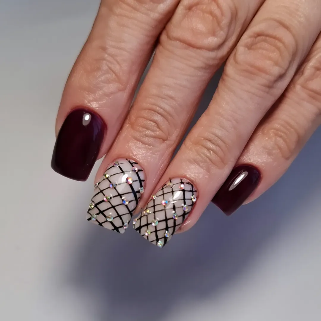 Deep Burgundy Fishnet Rhinestone Nails