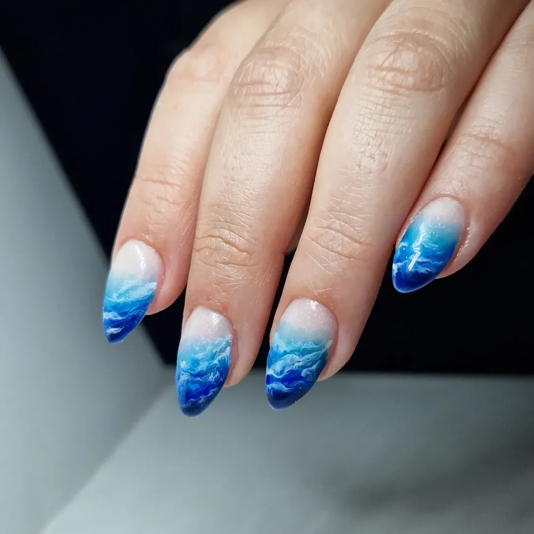 Deep Sea Blue Wave Art Almond Nails