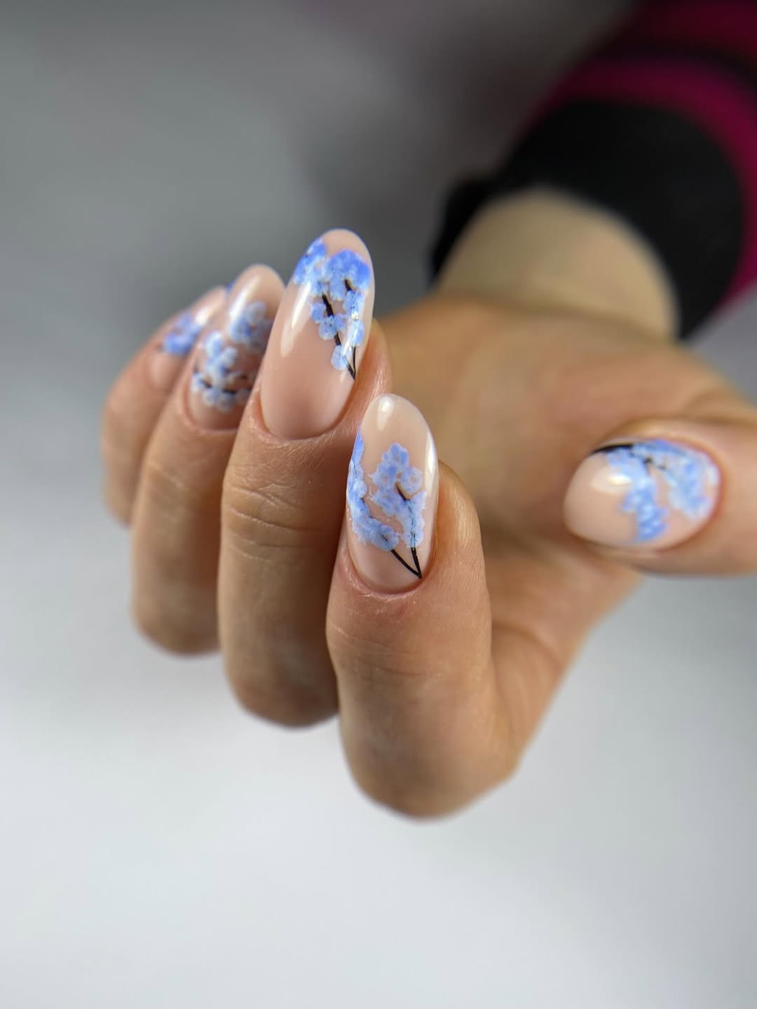 Delicate Blue Floral Transparent Nude Almond Nails
