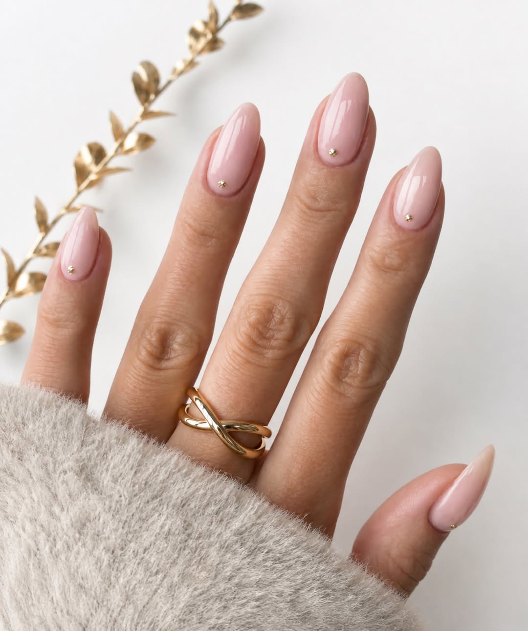Delicate Pink Jelly Oval Nails with Gold Studs