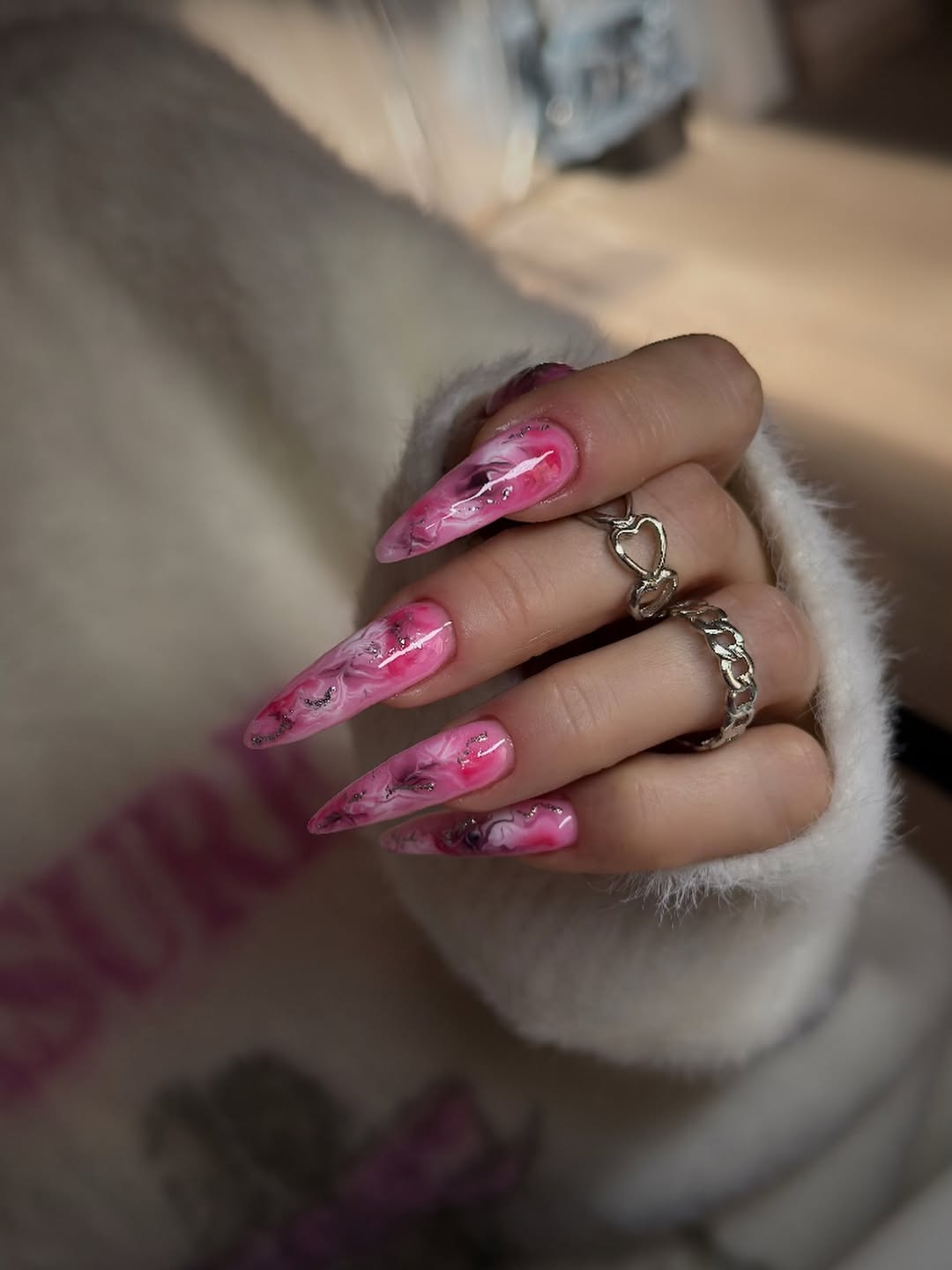 Dramatic Pink Marble Stiletto Glitter Nails