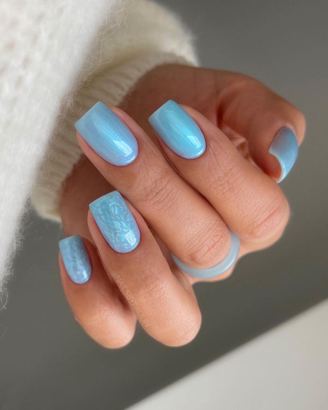 Dreamy Baby Blue Iridescent Swirls Short Squoval