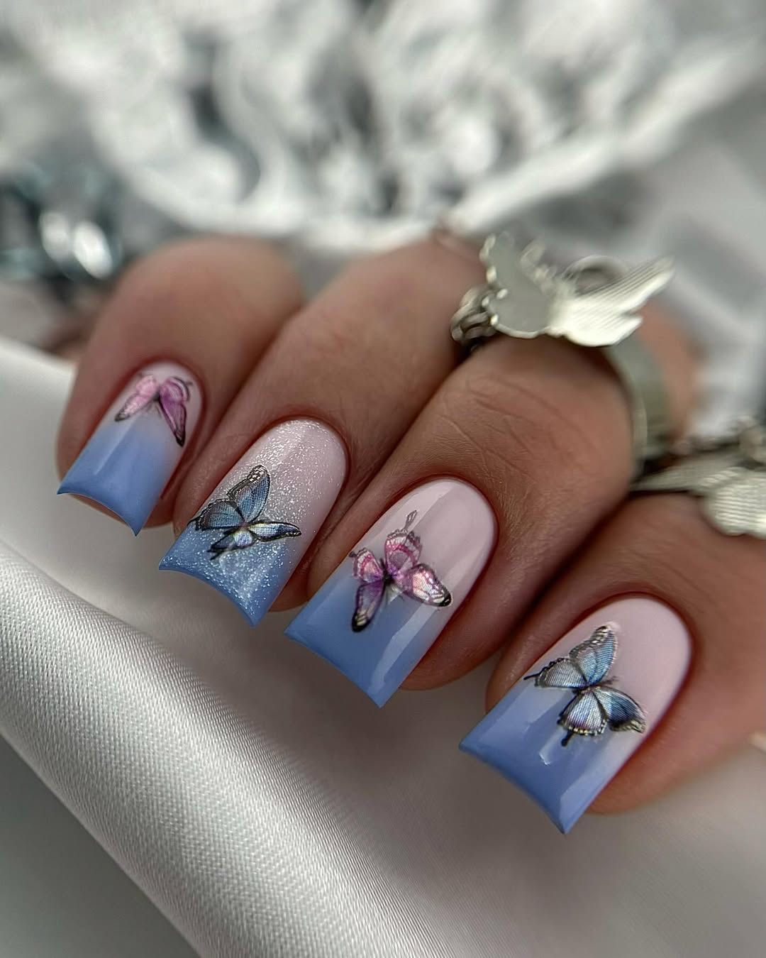 Dreamy Butterfly Blue Ombre Glitter Square Nails