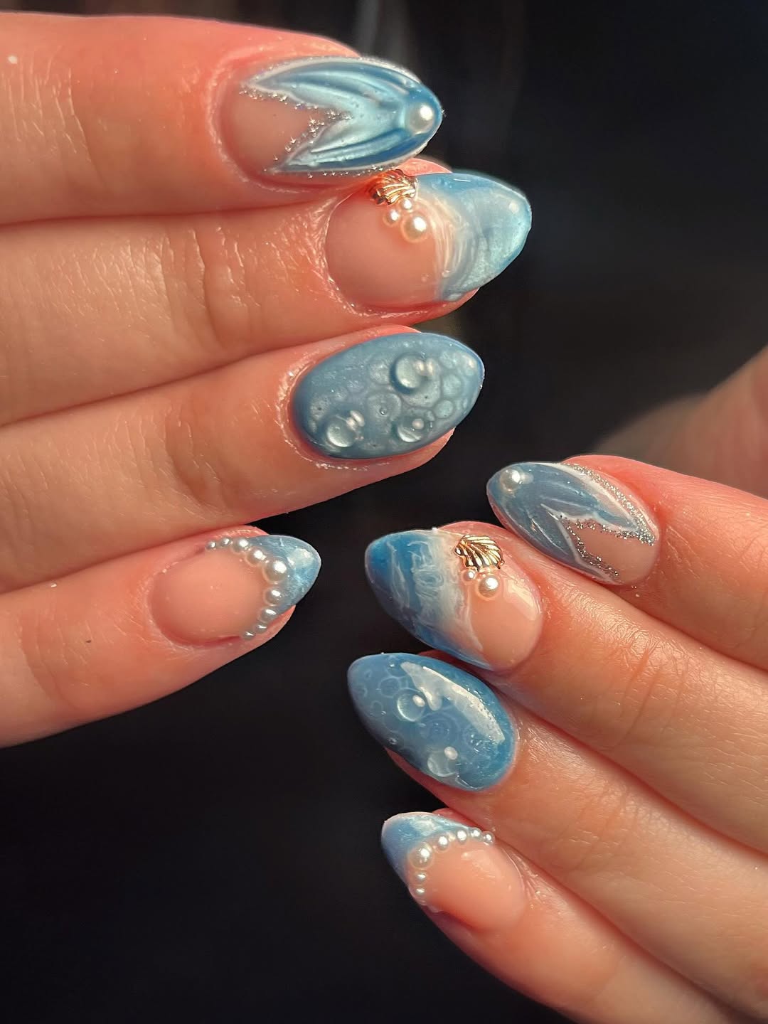 Dreamy Ocean Mermaid Blue Almond Nails