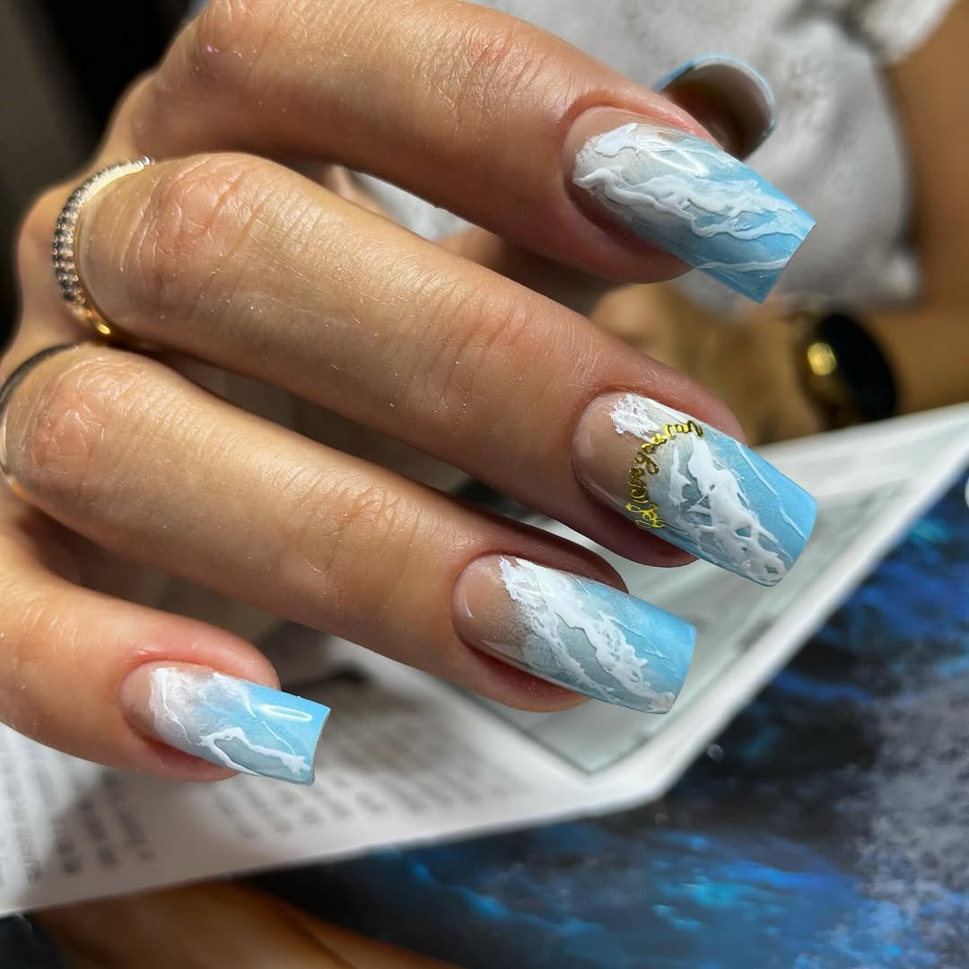 Dreamy Ocean Wave Square Clear Blue Nails