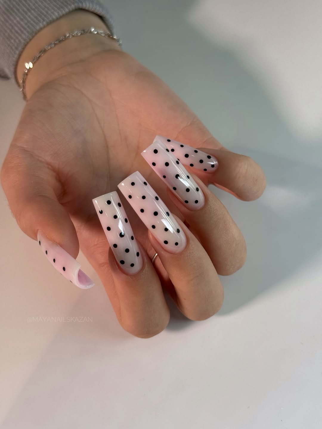 Dreamy Polka Dot Clear Pale Pink Extra Long Squoval Nails