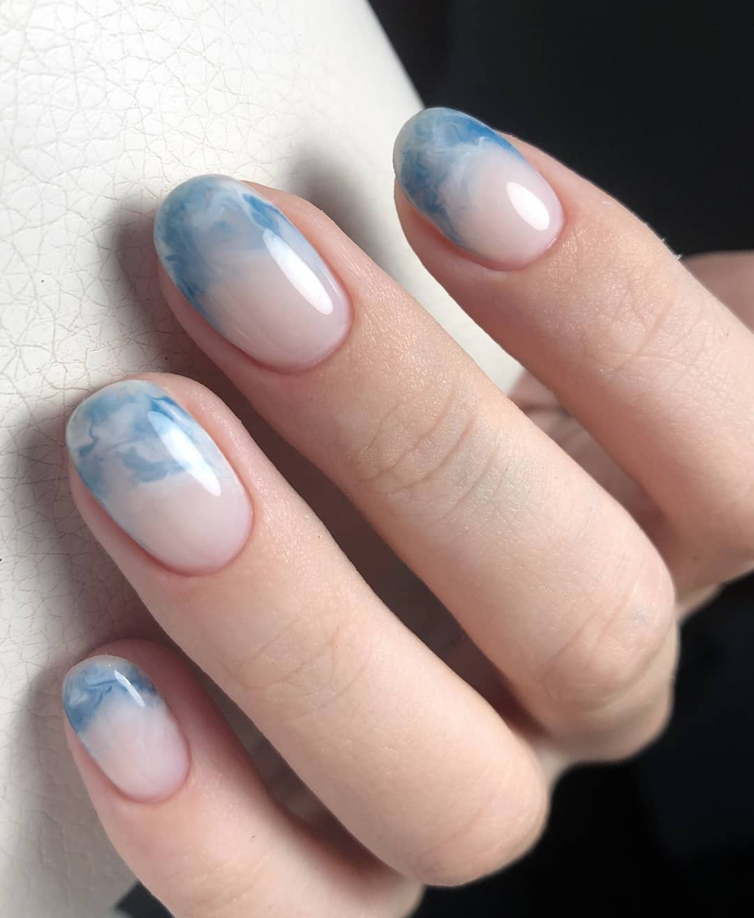 Dreamy Sky Blue Cloud Marble Oval Nails