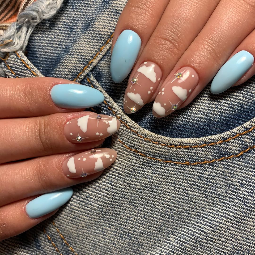 Dreamy Sky Blue Cloud Nails With Rhinestones
