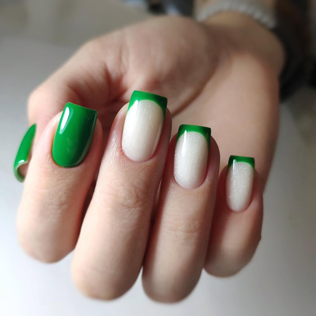 Emerald Green French Tips with Milky Glitter Base