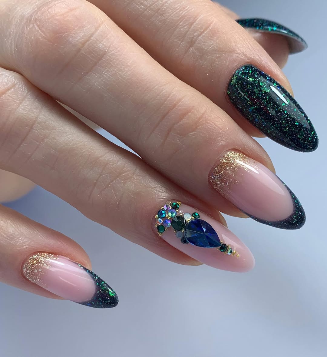 Emerald Green Glitter Rhinestone French Tips